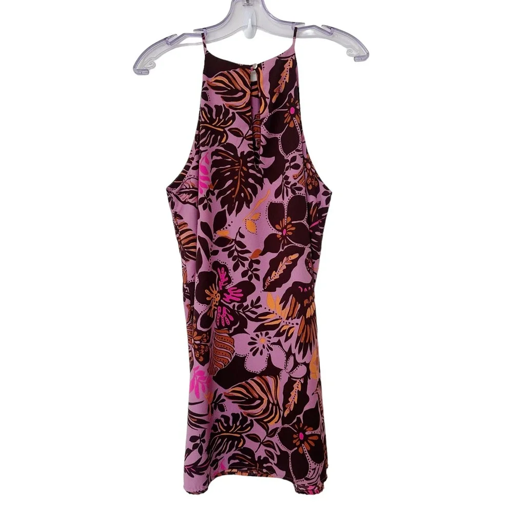 Tyche Pink Halter Mini Dress Tropical Floral Print Size Large - Picture 2 of 6